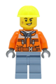Male train worker wearing an orange safety jacket, sand blue legs, and a neon yellow construction helmet - cty1465