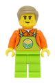 Male train worker with dark tan hair in an orange shirt and lime overalls - cty1466