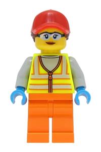 Reach Stacker Driver Minifigure - Female reach stacker driver with neon yellow safety vest, orange legs, and a red cap with reddish brown ponytail - cty1467