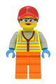 Female reach stacker driver with neon yellow safety vest, orange legs, and a red cap with reddish brown ponytail - cty1467