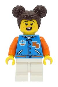 Passenger Minifigure - Female passenger with dark brown hair wearing a dark azure sports jacket and white medium legs - cty1469