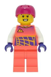 Cyclist Minifigure - Male cyclist in a coral race suit wearing a magenta helmet - cty1470