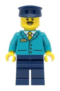 Train Driver Minifigure - Male train driver wearing a dark turquoise shirt, dark blue legs, and a matching hat - cty1471