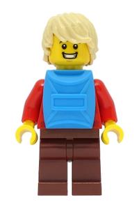 Passenger Minifigure - Male passenger with a red plaid flannel shirt, reddish brown legs, tan hair, and a dark azure backpack - cty1473