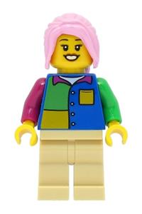 Passenger Minifigure - Female passenger with bright pink hair wearing a blue shirt and tan legs - cty1474