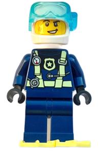 Police Minifigure - City police officer in dark blue diving suit with yellowish green harness, wearing a white helmet and air tanks, cheek scuff, and bright light yellow flippers - cty1477