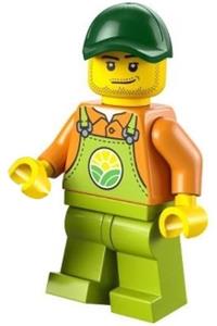 Farmer Minifigure - Male farmer in lime overalls over an orange shirt, wearing a dark green cap and lime legs - cty1478