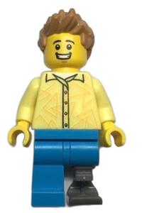 Grocery Store Customer Minifigure - Male grocery store customer with bright light yellow shirt, medium nougat hair, and prosthetic leg - cty1482