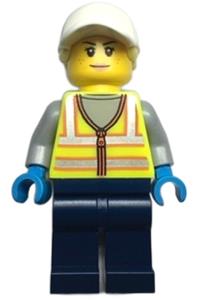 Forklift Driver - Female, Neon Yellow Safety Vest, Dark Blue Legs, White Cap with Bright Light Yellow Hair cty1483