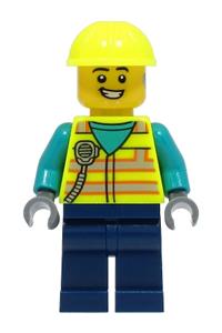 Utility Truck Driver Minifigure - Male utility truck driver wearing neon yellow safety vest and helmet with dark blue legs - cty1490