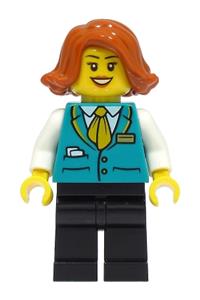 Bus Driver Minifigure - Female bus driver with dark turquoise vest, black legs, and dark orange hair - cty1491