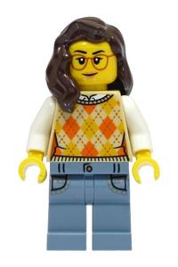 Passenger Minifigure - Female passenger with dark brown hair wearing a tan vest and sand blue legs with pockets - cty1492