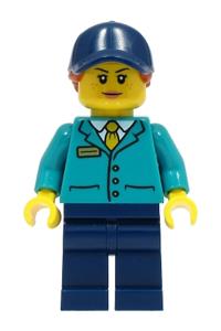 Train Platform Guard Minifigure - Female train platform guard with dark orange hair, wearing a dark turquoise shirt, dark blue legs, and cap - cty1495
