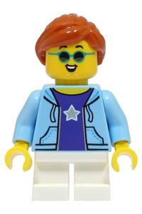 Stuntz Spectator Minifigure - Child Stuntz Spectator with dark orange hair, wearing a bright light blue jacket and white short legs - cty1497