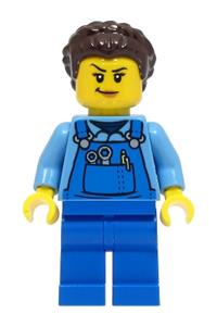Stuntz Crew Minifigure - Female Stuntz Crew member in a medium blue shirt, wearing a blue apron with dark brown hair - cty1500