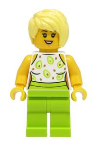 Sandwich Shop Customer Minifigure - Female customer at sandwich shop wearing a white top with lime legs and bright light yellow hair - cty1507