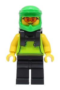 Food Delivery Cyclist Minifigure - Male food delivery cyclist in a lime hoodie, black legs, and bright green helmet with neck bracket - cty1508