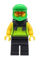 Male food delivery cyclist in a lime hoodie, black legs, and bright green helmet with neck bracket - cty1508