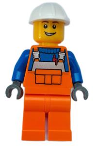 Construction Worker - Male, Orange Overalls with Reflective Stripe and Buckles over Blue Shirt, Orange Legs, White Construction Helmet, Open Lopsided Grin cty1509