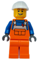 Construction Worker - Male, Orange Overalls with Reflective Stripe and Buckles over Blue Shirt, Orange Legs, White Construction Helmet, Open Lopsided Grin - cty1509