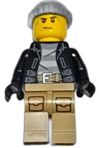 City Bandit Crook Minifigure - Bandit crook with a black leather jacket, dark bluish gray knit cap, dark tan legs, and sweat drops - cty1511