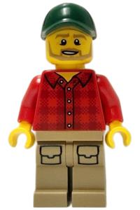Forklift Driver Minifigure - Male forklift driver wearing a red flannel shirt, with dark tan legs with pockets, and a dark green cap - cty1512