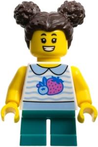 Child Girl Minifigure - Young girl with dark brown hair wearing a fruit shirt and dark turquoise short legs - cty1520