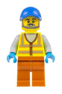 Recycling Worker Minifigure - Male recycling worker with a neon yellow safety vest, dark orange legs, and a blue cap - cty1521