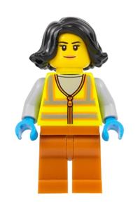 Recycling Worker - Female, Neon Yellow Safety Vest, Dark Orange Legs, Black Hair cty1522