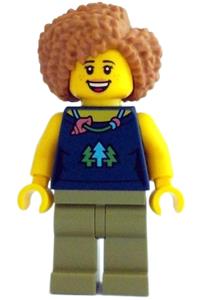 Female Minifigure - Female minifigure with medium nougat hair, wearing a dark blue top with trees and a necklace, and olive green legs - cty1523