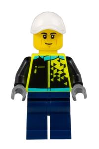 Sports Car Driver Minifigure - Male sports car driver wearing a white cap, neon yellow jacket, and dark blue legs - cty1524