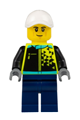 Male sports car driver wearing a white cap, neon yellow jacket, and dark blue legs - cty1524