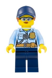 Police - City Officer Female, Bright Light Blue Shirt with Badge and Radio, Dark Blue Legs, Dark Blue Cap with Dark Orange Ponytail, Safety Glasses cty1525