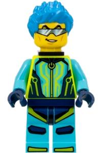Stuntz Driver Minifigure - Driver with dark azure spiky hair, wearing medium azure and neon yellow jumpsuit with a neck bracket - cty1527