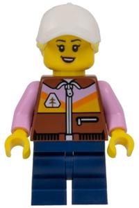 Dirt Bike Rider Minifigure - Female dirt bike rider wearing a white cap with bright light yellow ponytail, a reddish brown jacket, and dark blue medium legs - cty1529
