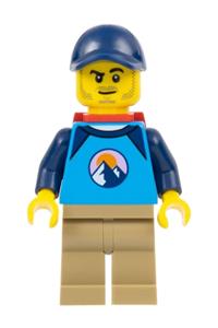 Dirt Bike Rider Minifigure - Male dirt bike rider with a dark blue cap, wearing a dark azure and dark blue shirt with dark tan legs and a red backpack - cty1530