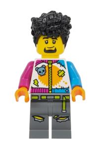 Stuntz Driver Minifigure - Tall Stuntz driver with black coiled hair, in jumpsuit with magenta and dark azure sleeves, and dark bluish gray legs - cty1531