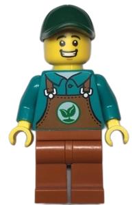 Gardener Minifigure - Male gardener in dark orange overalls over dark turquoise shirt with dark green cap and dark orange legs - cty1535