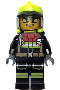 Fire - Female, Black Jacket and Legs with Reflective Stripes and Red Collar, Neon Yellow Fire Helmet, Trans-Black Visor, Black Glasses cty1544