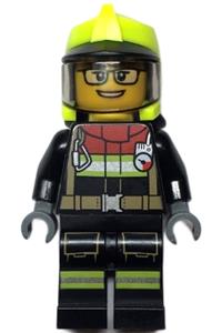 Firefighter Female Minifigure - Female firefighter with black jacket, legs with reflective stripes and red collar, neon yellow fire helmet, trans-black visor, and black glasses - cty1544