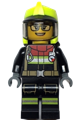 Female firefighter with black jacket, legs with reflective stripes and red collar, neon yellow fire helmet, trans-black visor, and black glasses - cty1544