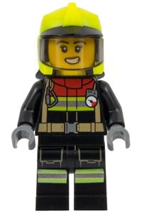 Firefighter Female Minifigure - Female firefighter in a black jacket and legs with reflective stripes and red collar, wearing a neon yellow fire helmet and a scared open mouth with teeth - cty1545