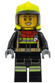 Female firefighter in a black jacket and legs with reflective stripes and red collar, wearing a neon yellow fire helmet and a scared open mouth with teeth - cty1545