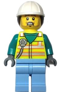 Utility Worker - Male, Neon Yellow Safety Vest, Bright Light Blue Legs, White Helmet, Dark Brown Ponytail cty1547