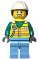 Utility Worker - Male, Neon Yellow Safety Vest, Bright Light Blue Legs, White Helmet, Dark Brown Ponytail - cty1547