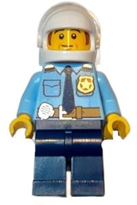 Police - City Shirt with Dark Blue Tie and Gold Badge, Dark Tan Belt with Radio, Dark Blue Legs, White Helmet, Sideburns cty1548