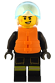 Male firefighter wearing a black jacket with reflective stripes and red collar, black legs, a white helmet with trans-light blue visor, and an orange life jacket - cty1549