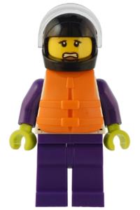 Speedboat Raft Driver Minifigure - Female speedboat raft driver wearing a white jacket with a dolphin, dark purple legs, a black helmet, a trans-clear visor, and an orange life jacket - cty1550
