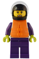 Female speedboat raft driver wearing a white jacket with a dolphin, dark purple legs, a black helmet, a trans-clear visor, and an orange life jacket - cty1550