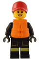 Female firefighter with reflective stripes, utility belt, and flashlight, wearing a red cap with reddish brown ponytail and an orange life jacket - cty1551